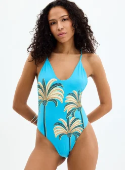 Embroidered pearl palm tree one-piece