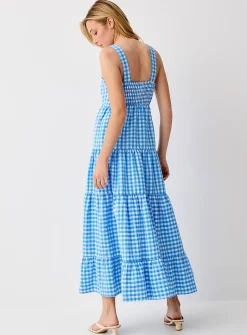 Embroidered seahorses maxi tiered seersucker dress