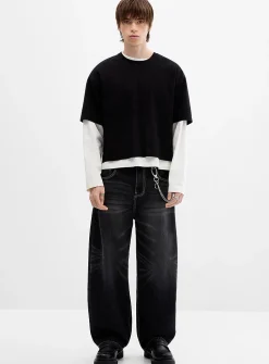 Faded black textured-stripe jean
