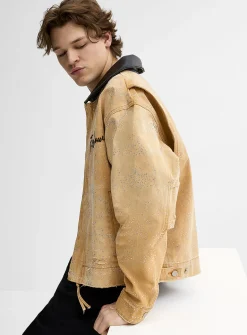 Faux-leather collar rhinestone workwear jacket