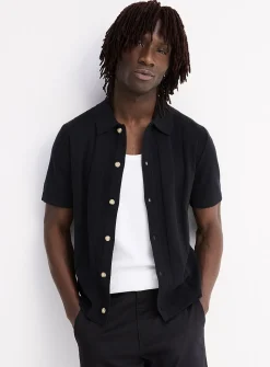 Flat-ribbed polo-collar cardigan