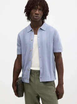 Flat-ribbed polo-collar cardigan