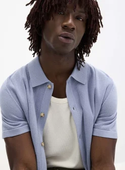 Flat-ribbed polo-collar cardigan