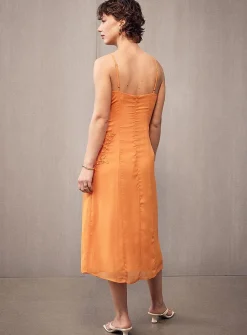 Floral appliqué apricot chiffon dress