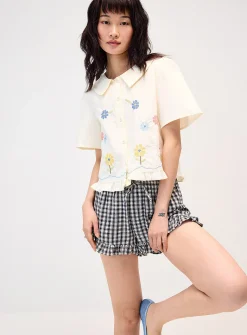 Floral embroidery boxy-fit shirt