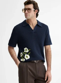 Floral embroidery Johnny collar polo