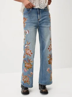 Floral embroidery straight-leg jean