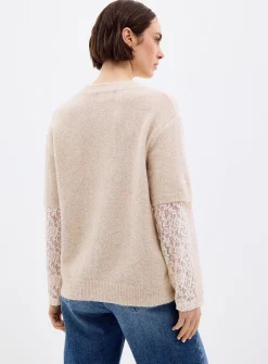 Floral lace sleeves fuzzy sweater
