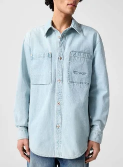 Floral print washed denim overshirt