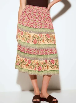 Floral tapestry flared skirt