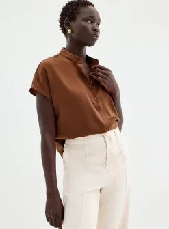 Flowy satin cap-sleeve blouse
