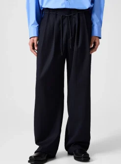 Fluid banker-striped drawstring-waist pant
