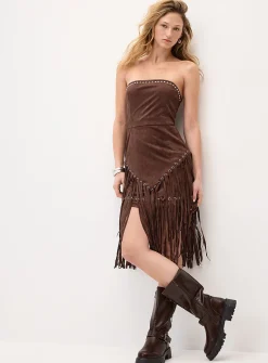 Fringed studded suede tube dress