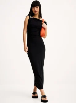 Golden bow side-ruched maxi dress