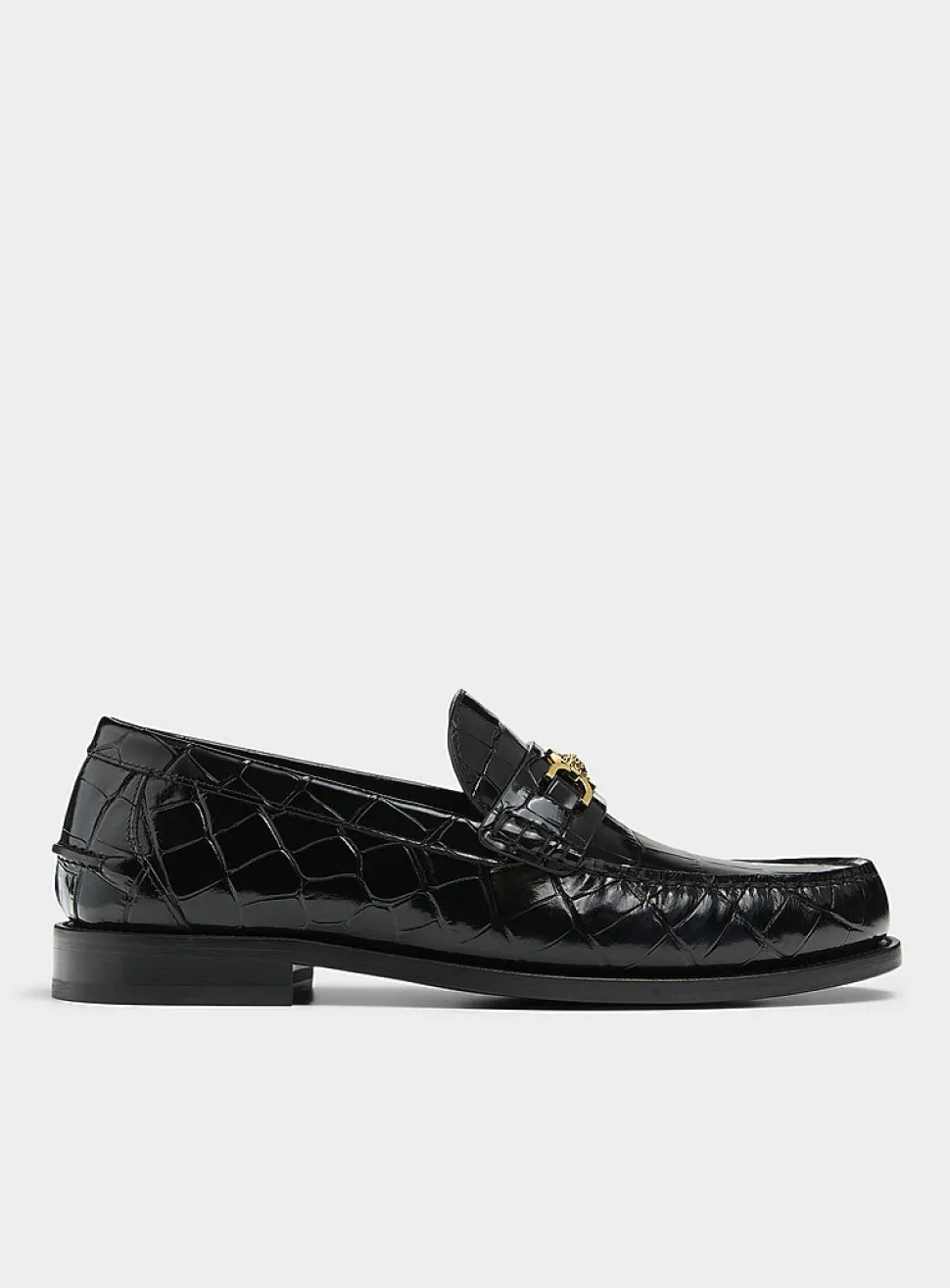 Golden buckle faux croc-skin leather loafers