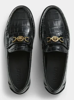 Golden buckle faux croc-skin leather loafers