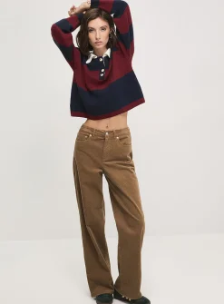 Golden buttons polo collar striped cropped sweater