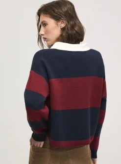 Golden buttons polo collar striped cropped sweater