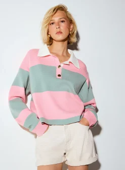 Golden buttons polo collar striped cropped sweater