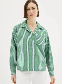 Green stripes open-collar loose blouse