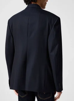 Grooved stripes double-breasted blazer with pin