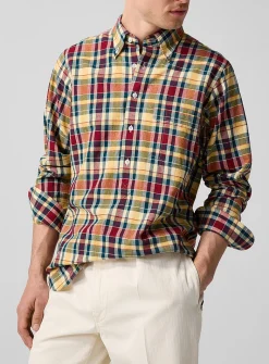 Half-length buttoning checkered madras shirt