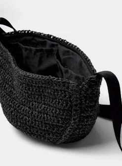 Half-moon braided straw crossbody bag