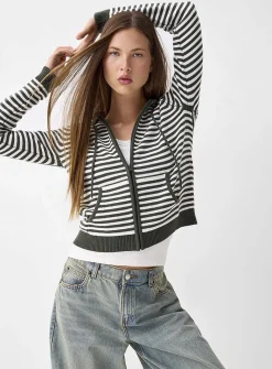 Hooded striped zip-up cardigan