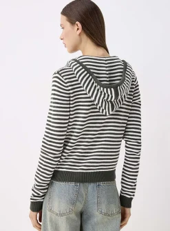 Hooded striped zip-up cardigan