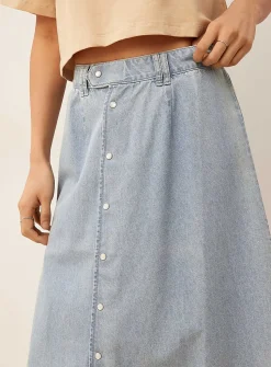 Iridescent buttons lightweight denim midi skirt
