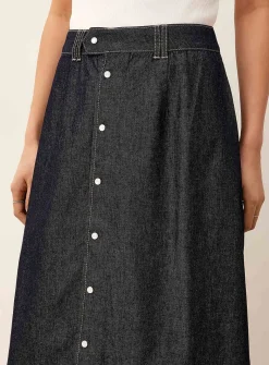 Iridescent buttons lightweight denim midi skirt