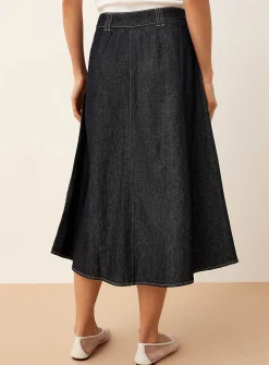 Iridescent buttons lightweight denim midi skirt