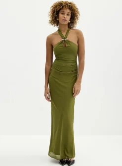 Jayni golden pin long halter dress
