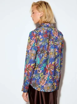 Jewel-button printed fluid blouse