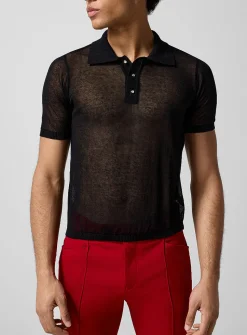 Jewel-buttons sheer knit polo shirt