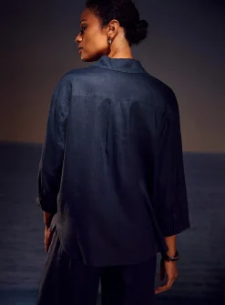 Johnny collar pure linen blouse