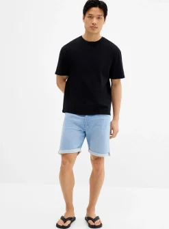 Knit-like underside light-blue denim Bermudas