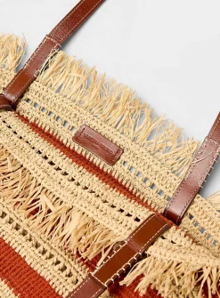 Knotted fringes striped braided raffia tote bag