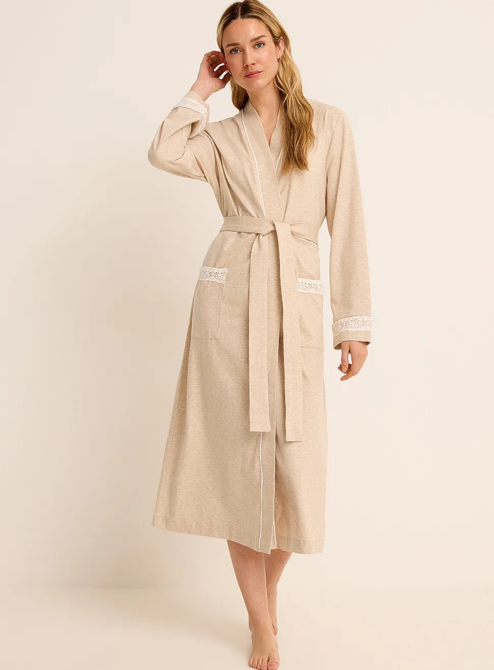 Lace-accent Supima® cotton long robe