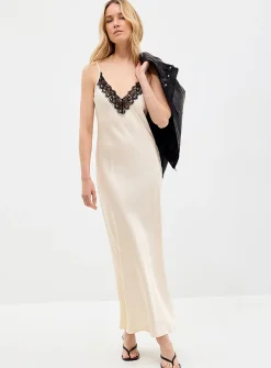 Lace collar long satin dress