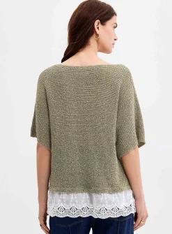 Lace insert boxy-fit bouclé-knit sweater