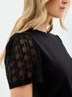 Lace puff-sleeve dual-material T-shirt