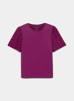 Lace puff-sleeve dual-material T-shirt
