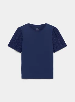 Lace puff-sleeve dual-material T-shirt
