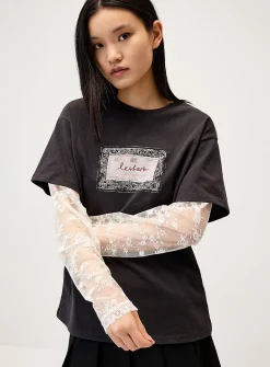 Lace-sleeve layered fooler T-shirt