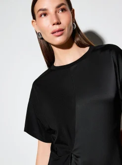 Lace trim dual-material draped T-shirt dress