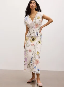 Lace trim linen-blend wraparound skirt
