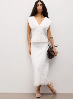 Lace trim linen-blend wraparound skirt
