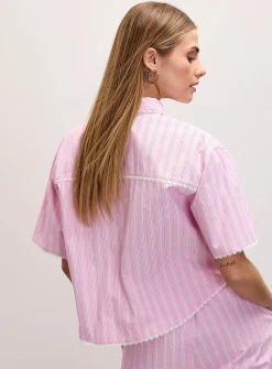 Lace trim striped boxy-fit shirt