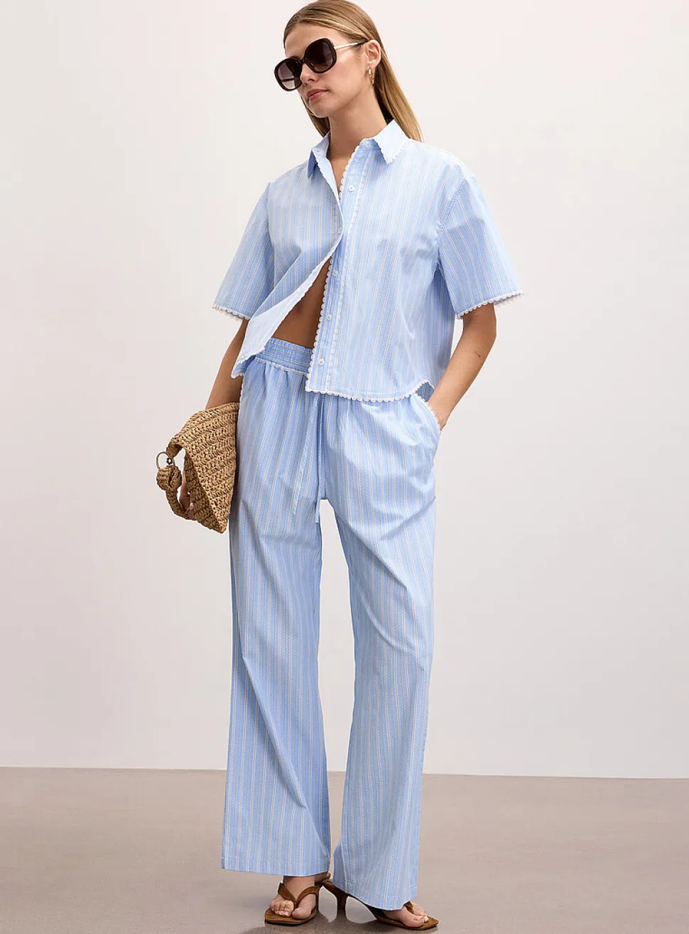 Lace trim striped wide-leg pant